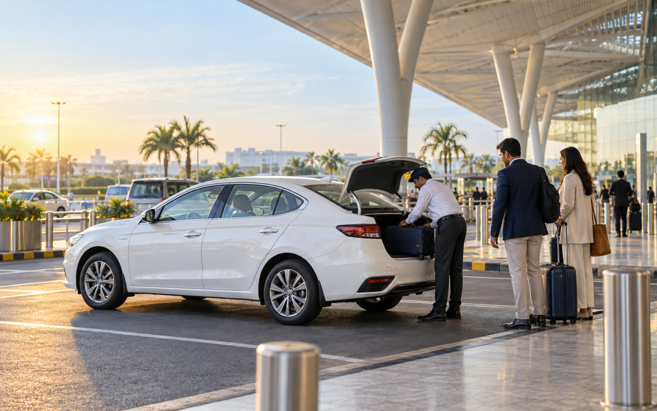 Airport transfer with luggage at a modern terminal