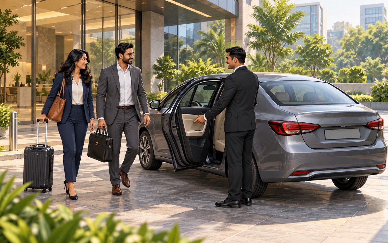 Business travellers meeting their driver beside a sedan at an office entrance.